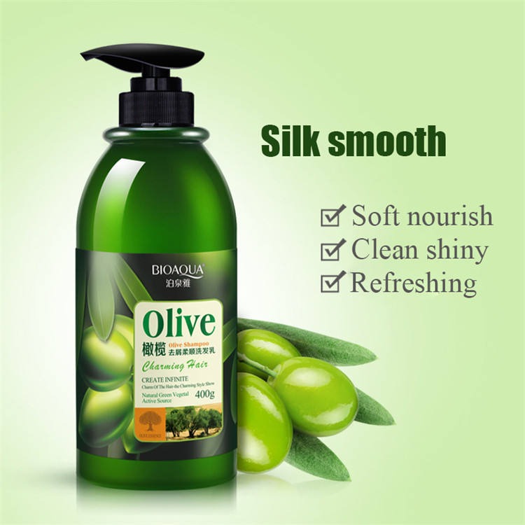 Bioaqua olive Shampoo bottle with green background and text highlighting product benefits.