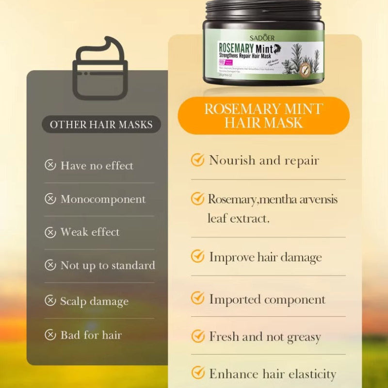 Rosemary Mint Hair Mask with benefits listed on a blurred natural background