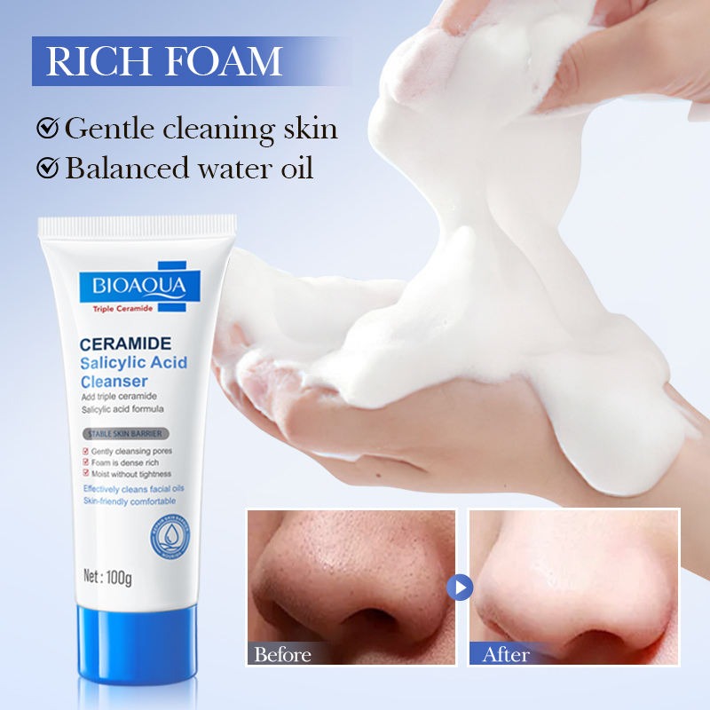 Bioaqua Ceramide Salicylic Acid Cleanser with foam and before-after effects on skin.