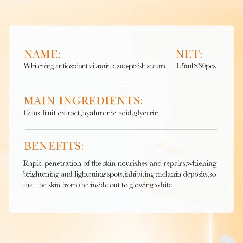 Product label for a whitening antioxidant vitamin C serum with details on name, net quantity, ingredients, and benefits.