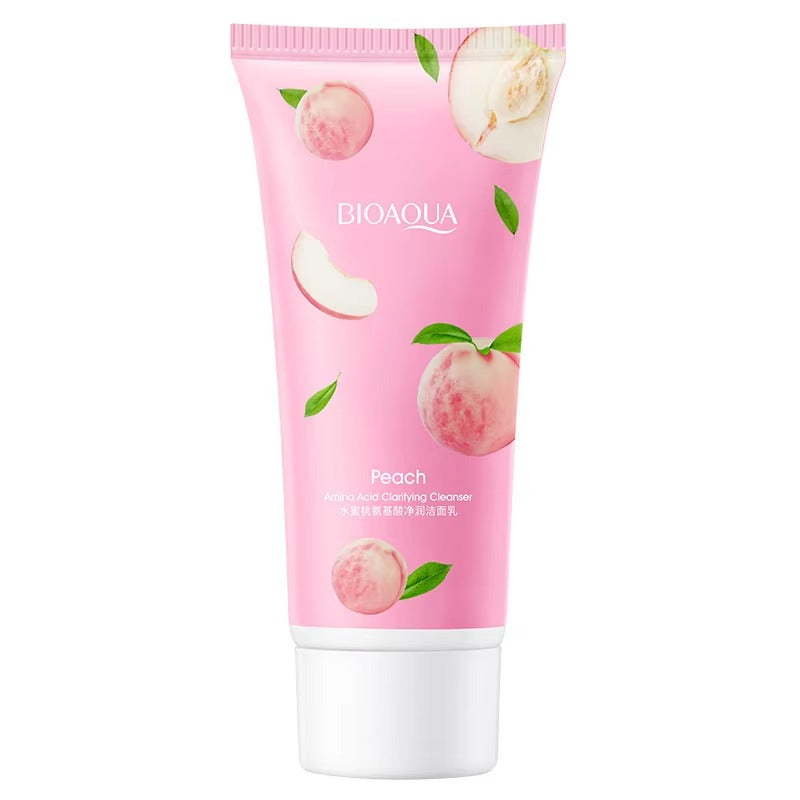 Bioaqua peach facial cleanser tube on a white background