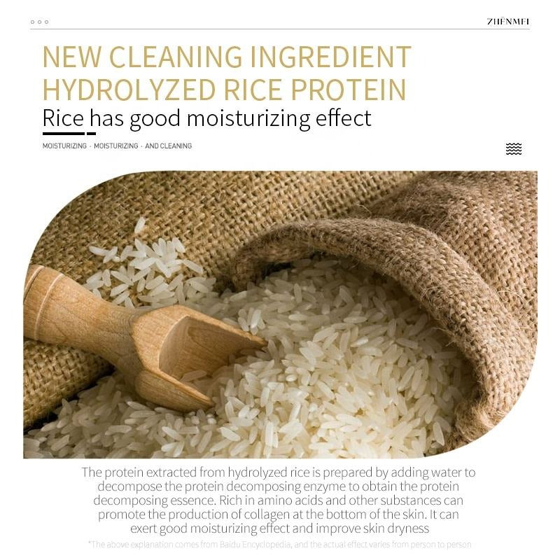 Hydrolyzed rice protein with a wooden scoop and burlap bag on a white background