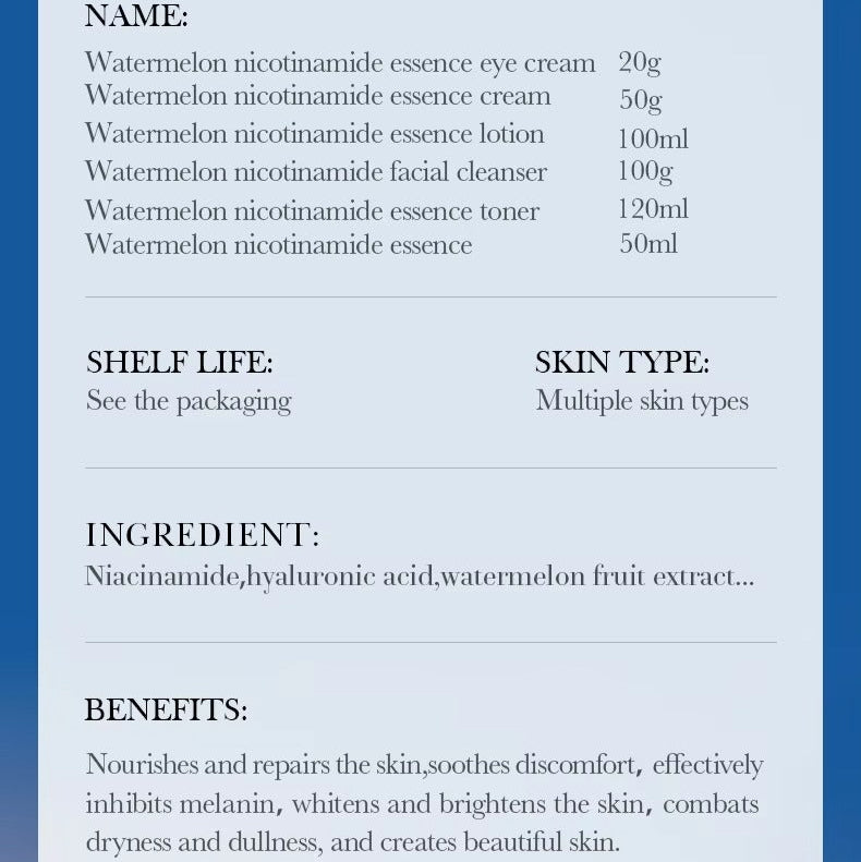 Product information card with skincare items, shelf life, skin type, ingredients, and benefits.