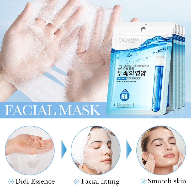 Facial mask packaging with application steps and product details on a blue background