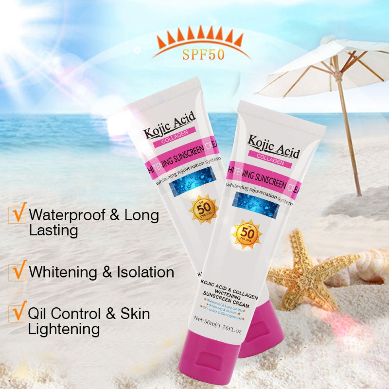 Two bottles of Kojic Acid sunscreen with beach background