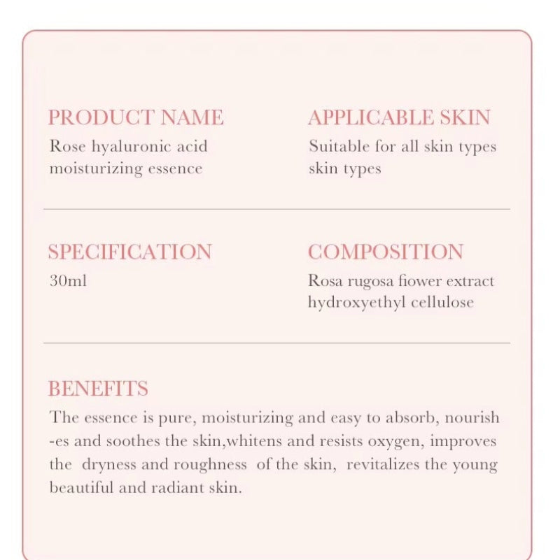 Product label for rose hyaluronic acid moisturizing essence with details on name, application, specification, composition, and benefits.