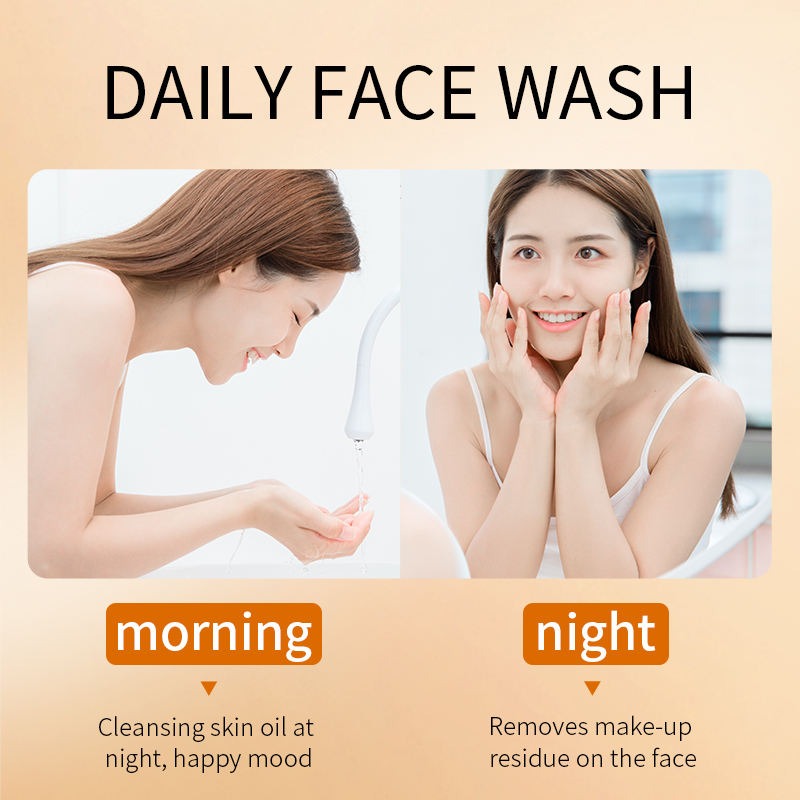 Two women demonstrating face washing routine with text indicating morning and night use.