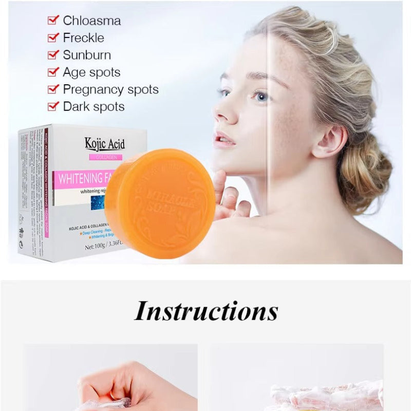 Cosmetic soap with packaging and usage instructions on a white background