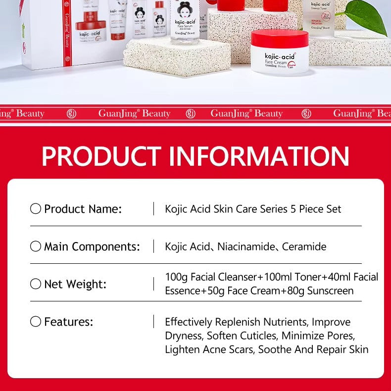 Kojic Acid skin care series set with product information on a white background