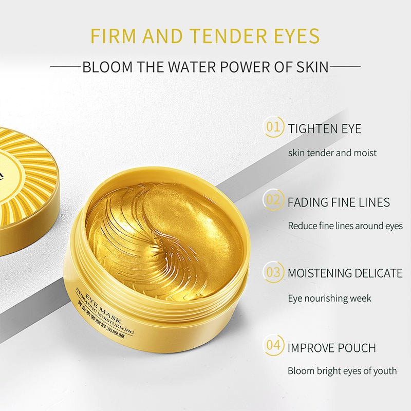 Gold eye mask packaging with text highlighting benefits on a white background