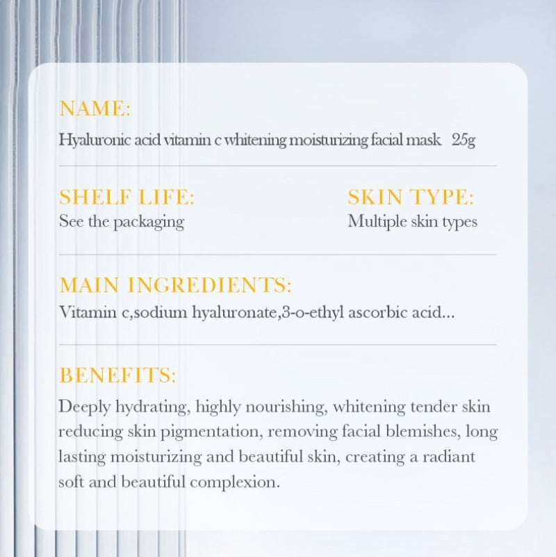 Product label for a hyaluronic acid vitamin C whitening moisturizing facial mask with details on name, shelf life, skin type, ingredients, and benefits.