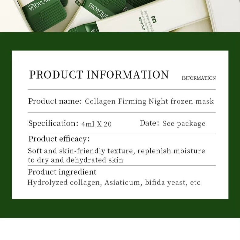 Product information card for a collagen firming night frozen mask with green border.