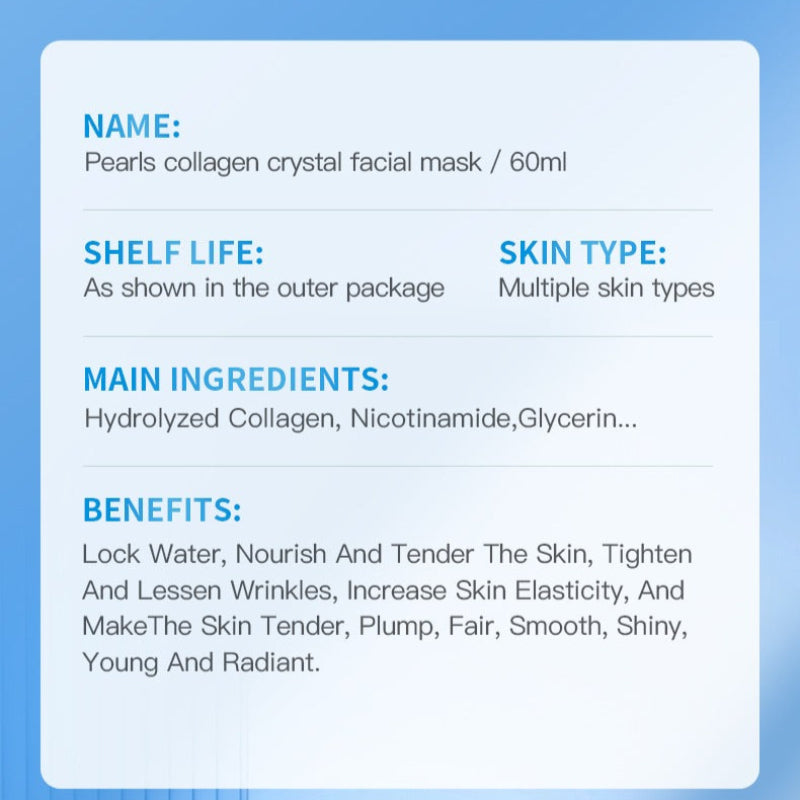 Product label for Pearls collagen crystal facial mask with details on shelf life, skin type, ingredients, and benefits.