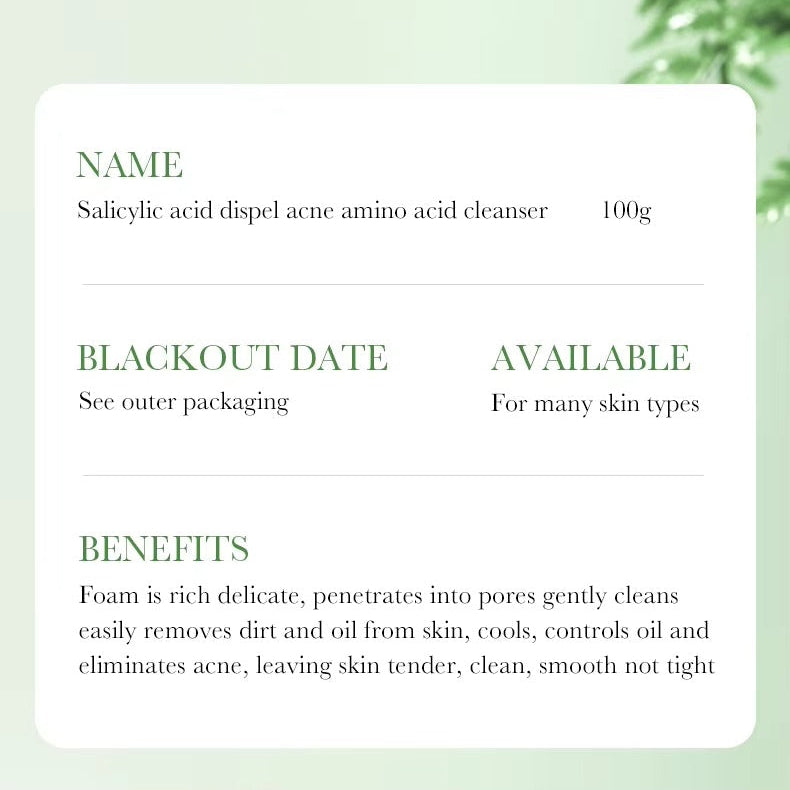 Product label for Salicylic acid dispel acne amino acid cleanser with text details on a light green background.
