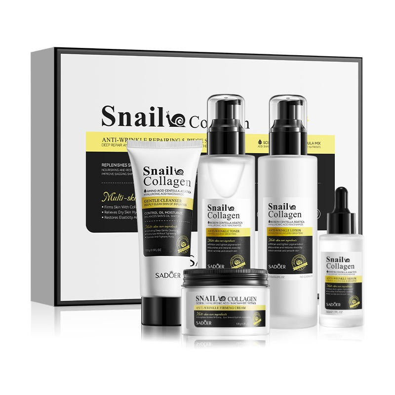 Snail Collagen skincare product set with various bottles and a jar on a white background.