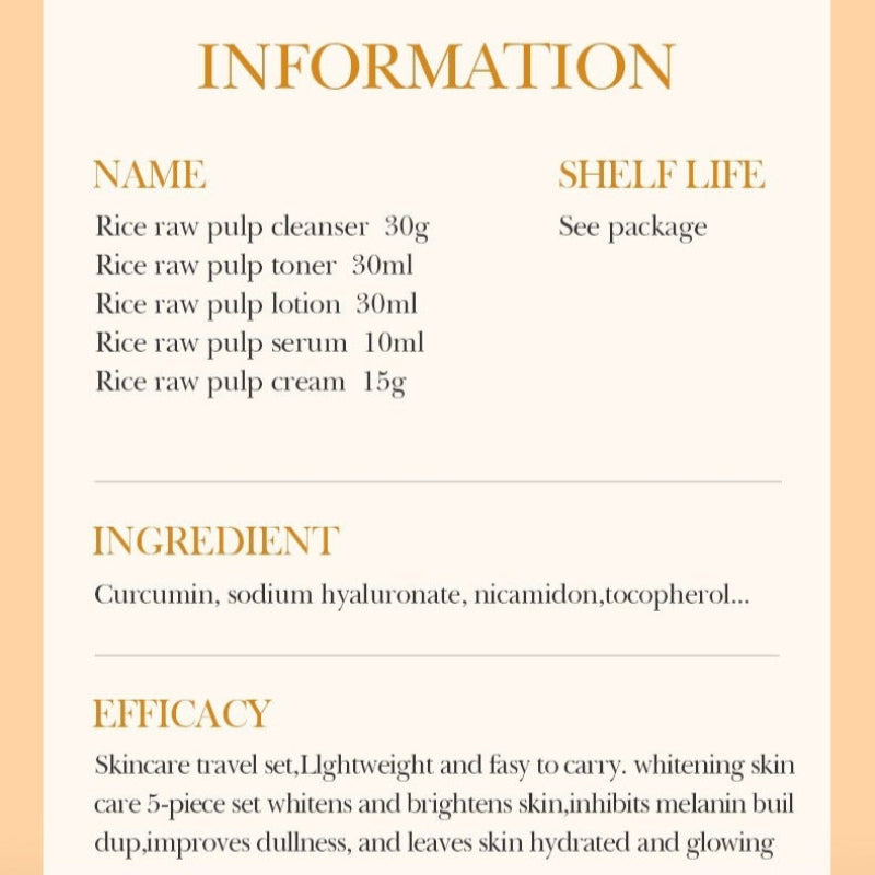 Product information card with names, shelf life, ingredients, and efficacy details on a peach and white background.