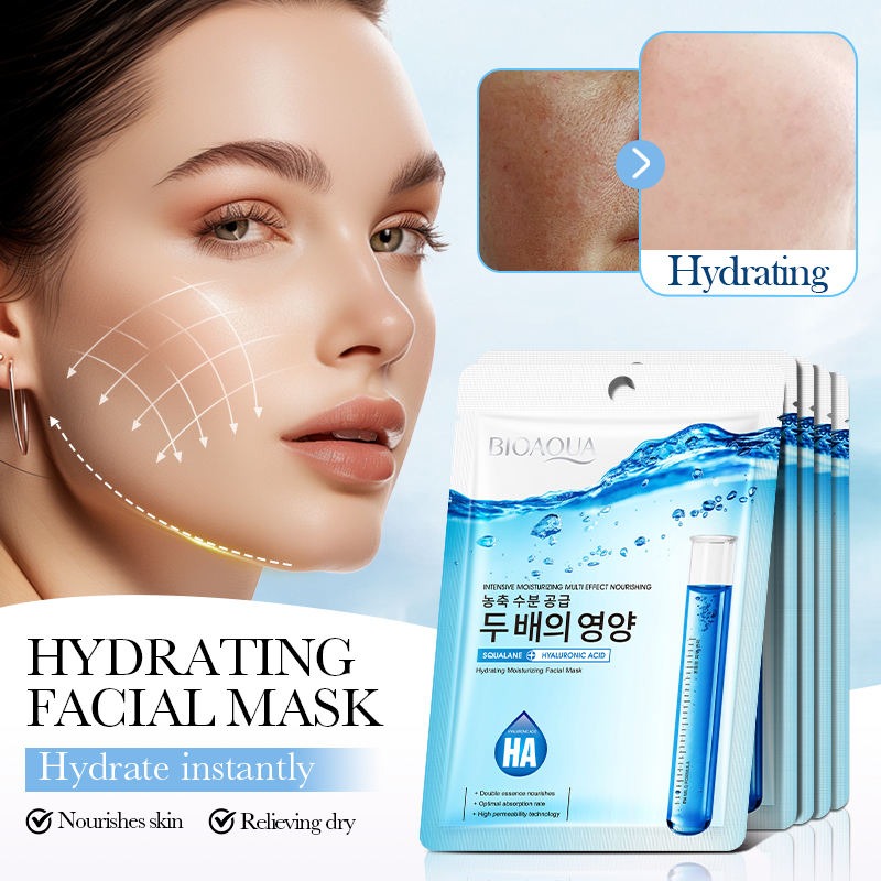 Hydrating facial mask packaging with a woman's face and skin comparison on a light blue background.