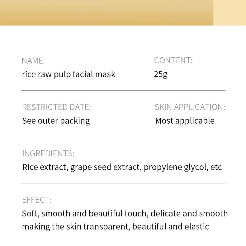 Product label for rice raw pulp facial mask with details on name, content, restricted date, skin application, ingredients, and effect.