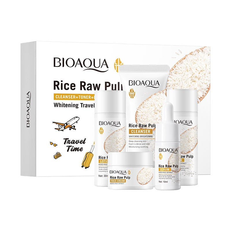 BIOAQUA Rice Raw Pulp skincare travel set on a white background