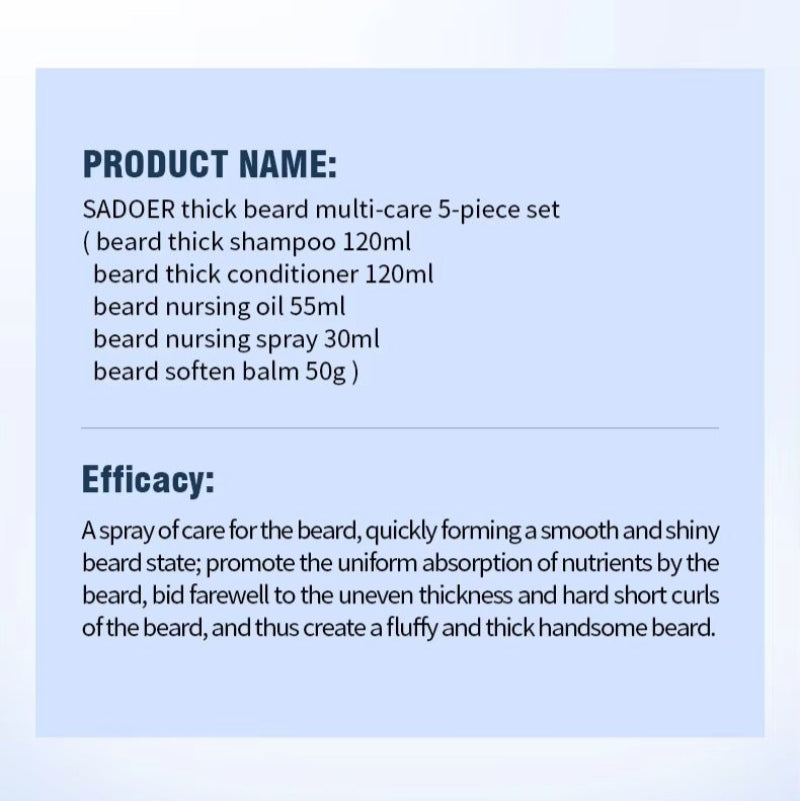 Product description card for SADOER thick beard multi-care 5-piece set with details on components and efficacy.
