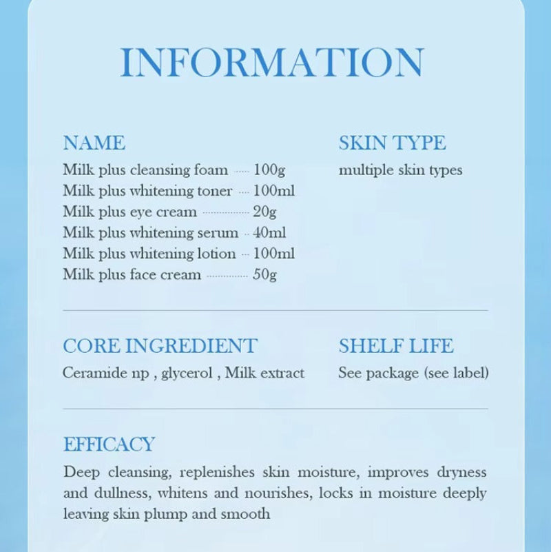 Cosmetic products with a blue water background and product information text.