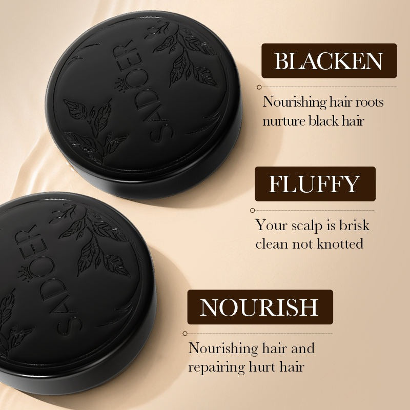 Two black containers with branding on a beige background, featuring text about hair care benefits.