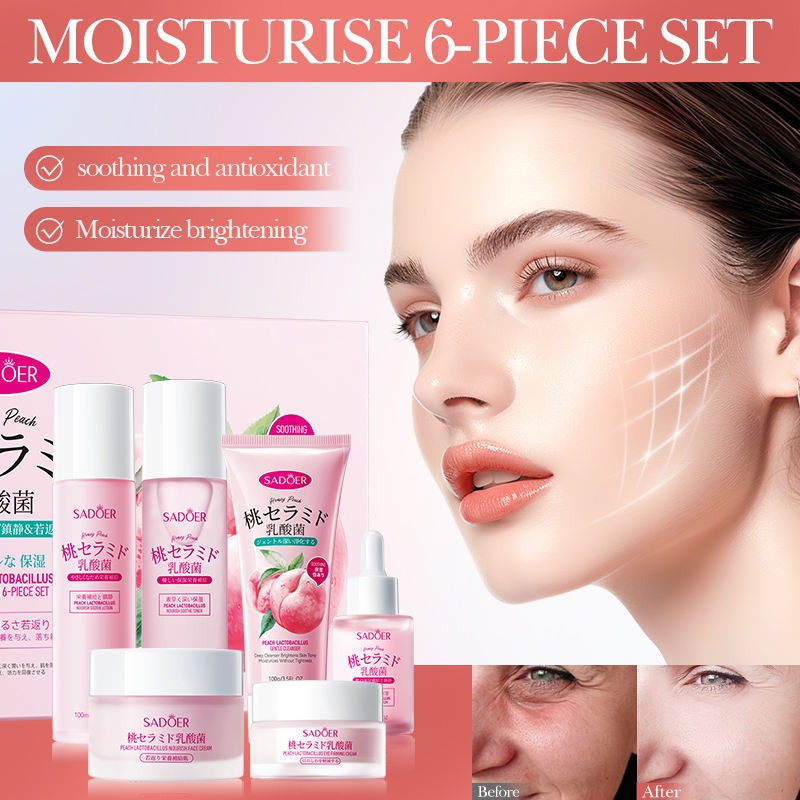 Sudu skincare product set with a model's face and text highlighting benefits on a pink background