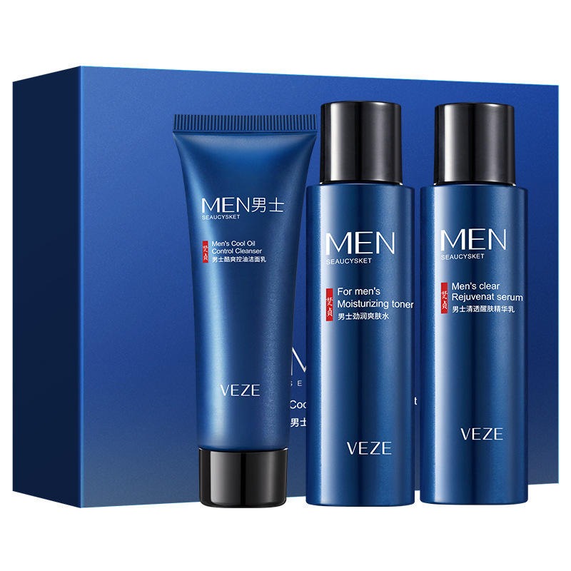 VEZE men's skincare product set with three blue bottles and a tube on a blue background