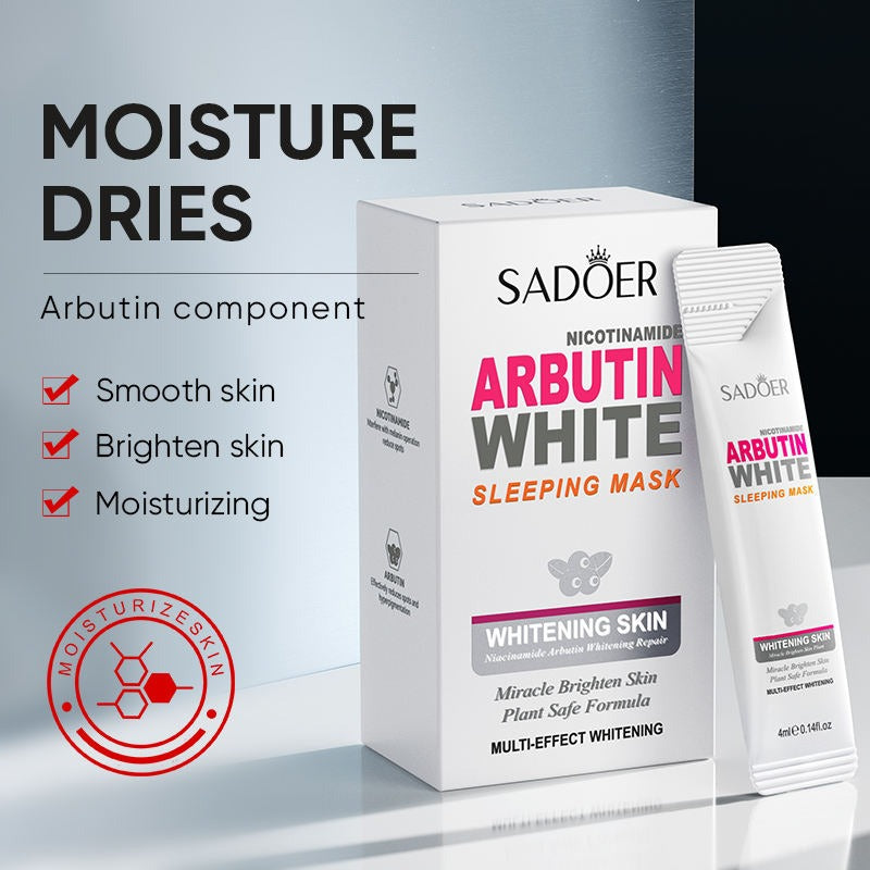 Sadoer Arbutin White Sleeping Mask packaging with product details on a gray background