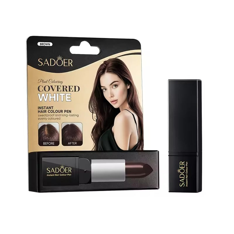 Sadoer Covered White instant hair color pen packaging with a woman's image on a white background