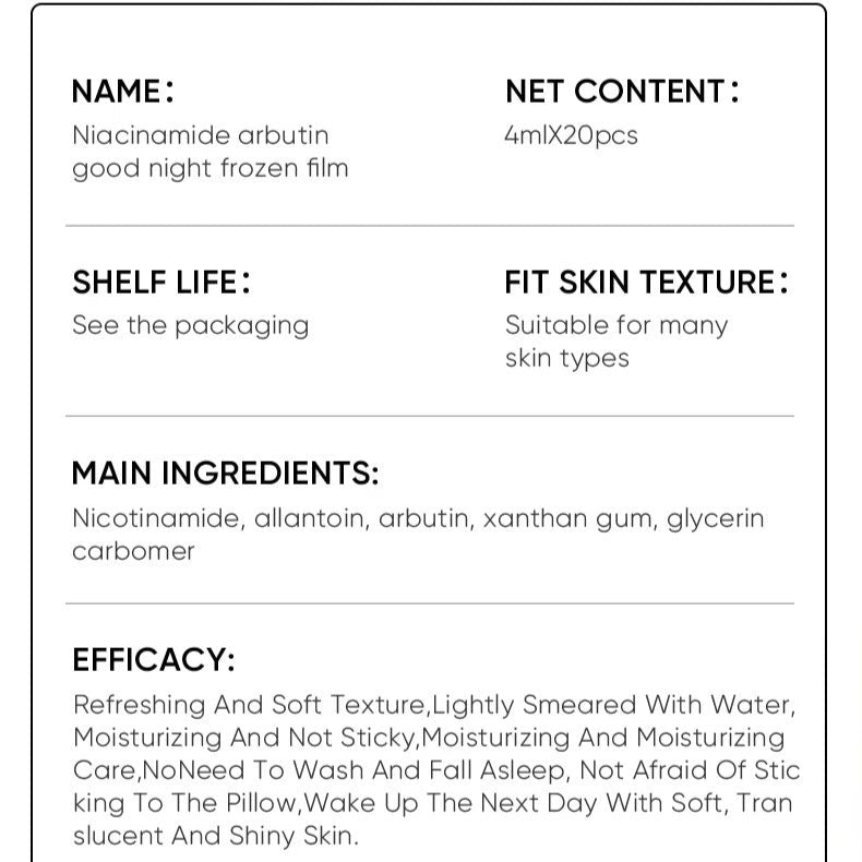 Product label with details about Niacinamide Arbutin good night frozen film including net content, shelf life, fit skin texture, main ingredients, and efficacy.