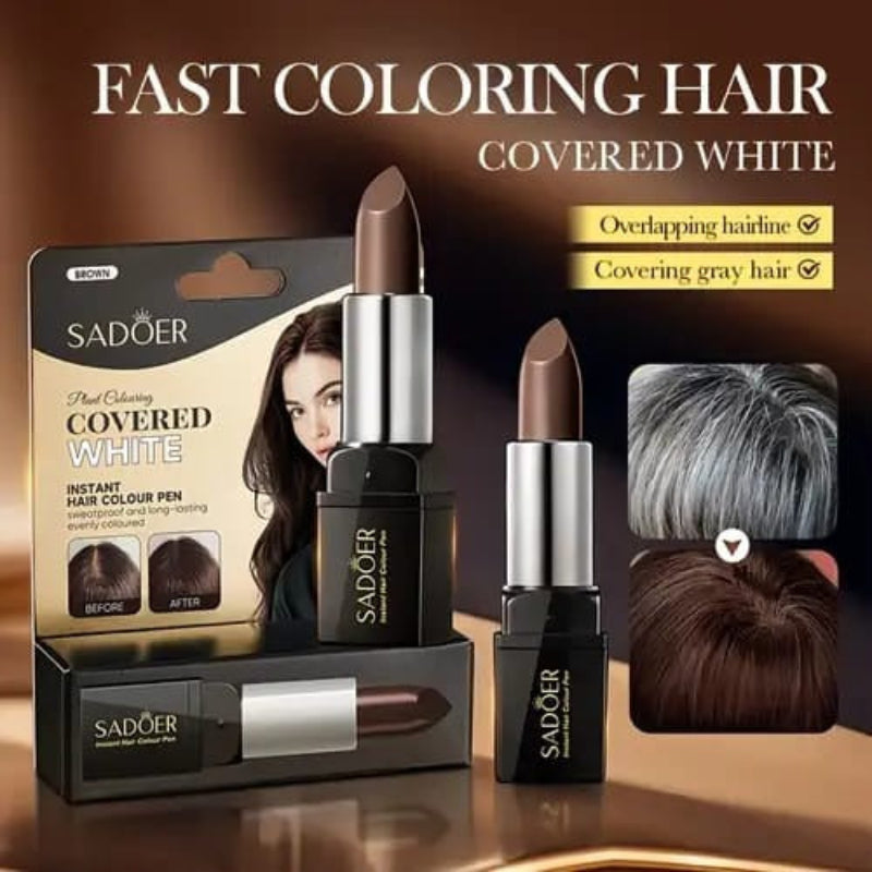 Hair coloring product with lipstick-like packaging on a brown background