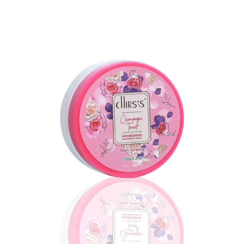 Pink container with floral design and 'Chirs's' branding on a white background