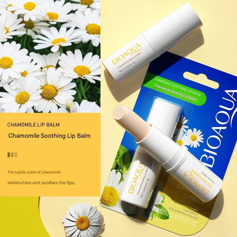 Bioaqua chamomile lip balm packaging with daisy flowers on a yellow background