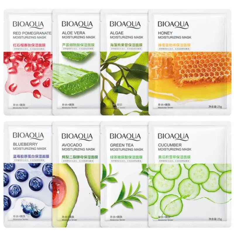 Collection of Bioaqua facial masks with various ingredients on a white background