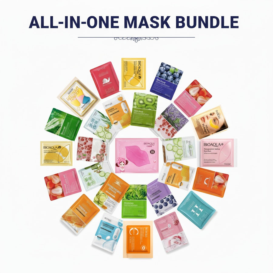 Collection of various face mask packages arranged in a circular pattern on a white background with 'All-in-One Mask Bundle' text.
