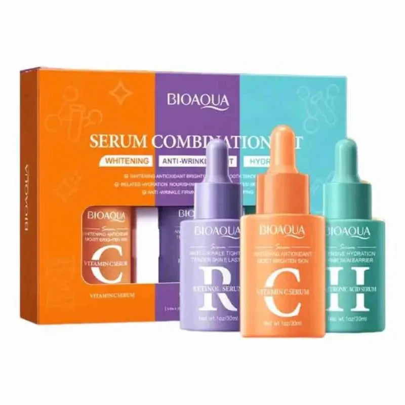 Bioaqua serum combination set with colorful packaging on a white background