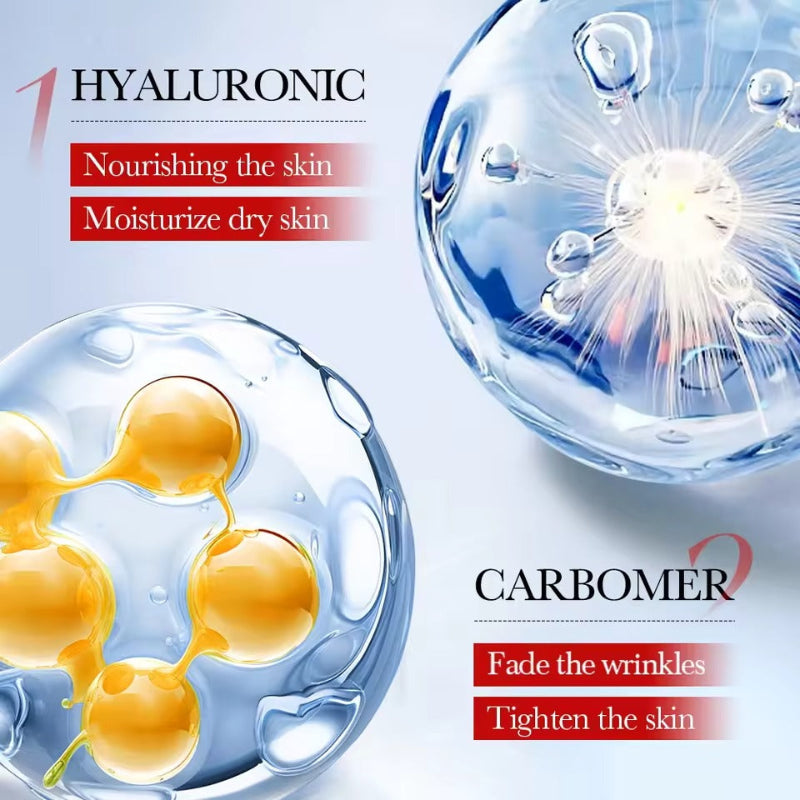 Advertisement for hyaluronic acid and carbomer with molecular structures and text on a white background.