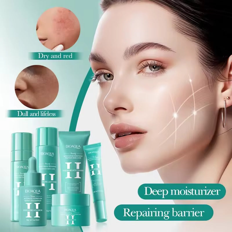 Skincare product advertisement with a woman's face and skincare bottles.