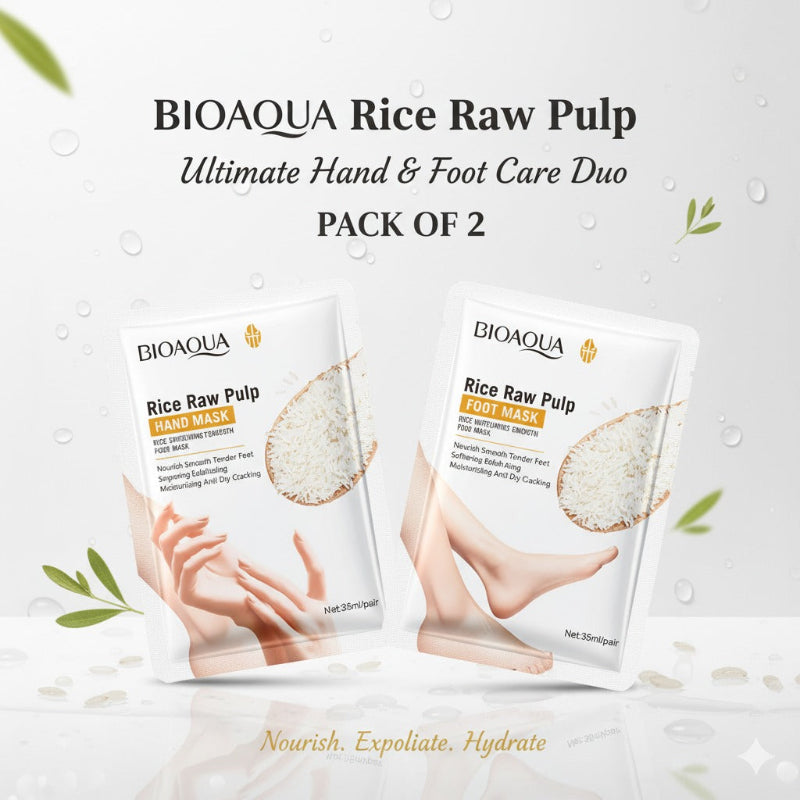 BIOAQUA Rice Raw Pulp hand and foot care masks on a light background