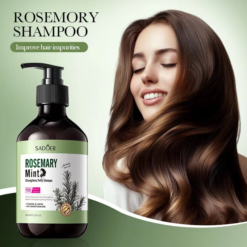 Rosemary shampoo bottle with a woman with long hair on a green background