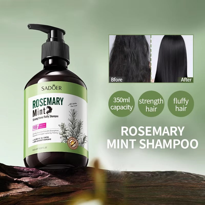 Rosemary Mint shampoo bottle with before and after hair comparison on a green background