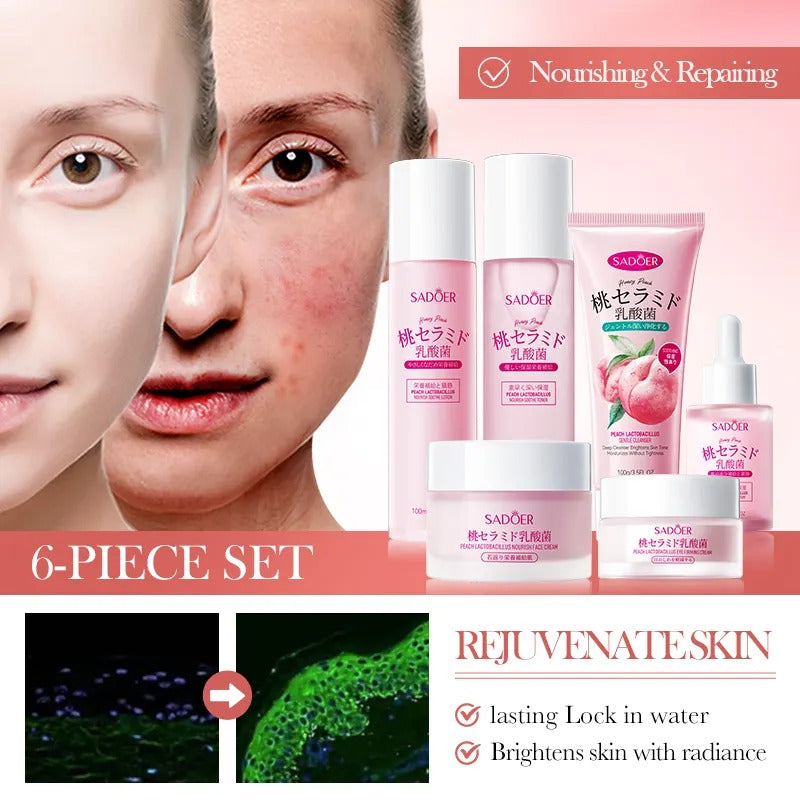 Sadoer skincare product set with images of skin before and after use, and text highlighting benefits.