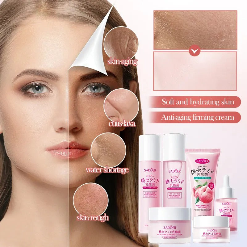 Cosmetic products with a woman's face showing skin issues and a close-up of her skin.