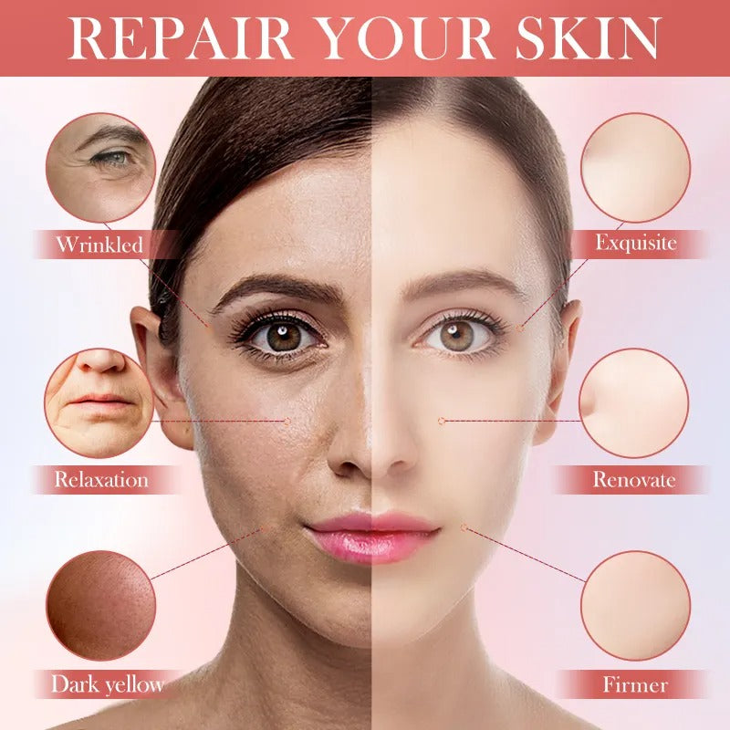 Woman's face with different skin conditions and repair options on a pink background