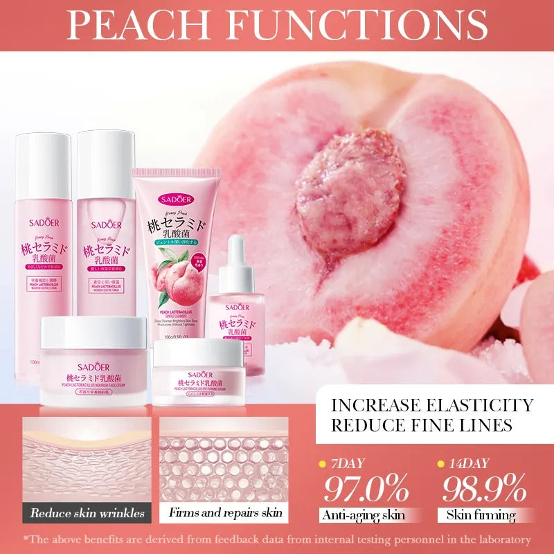 Skincare products with peach theme and text highlighting benefits on a white background