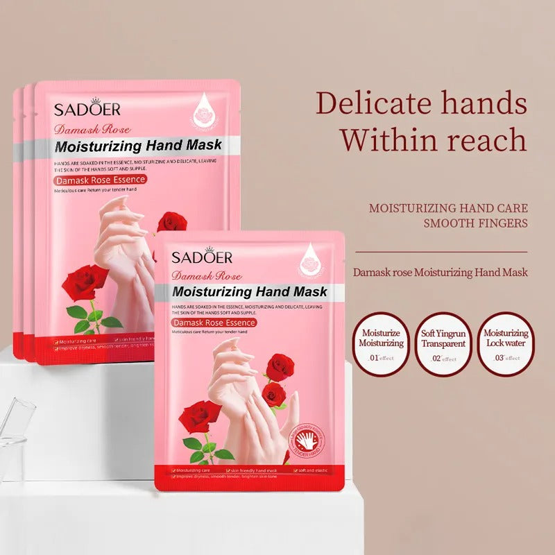 Sadoer Damask Rose Moisturizing Hand Mask packaging with text on a beige background