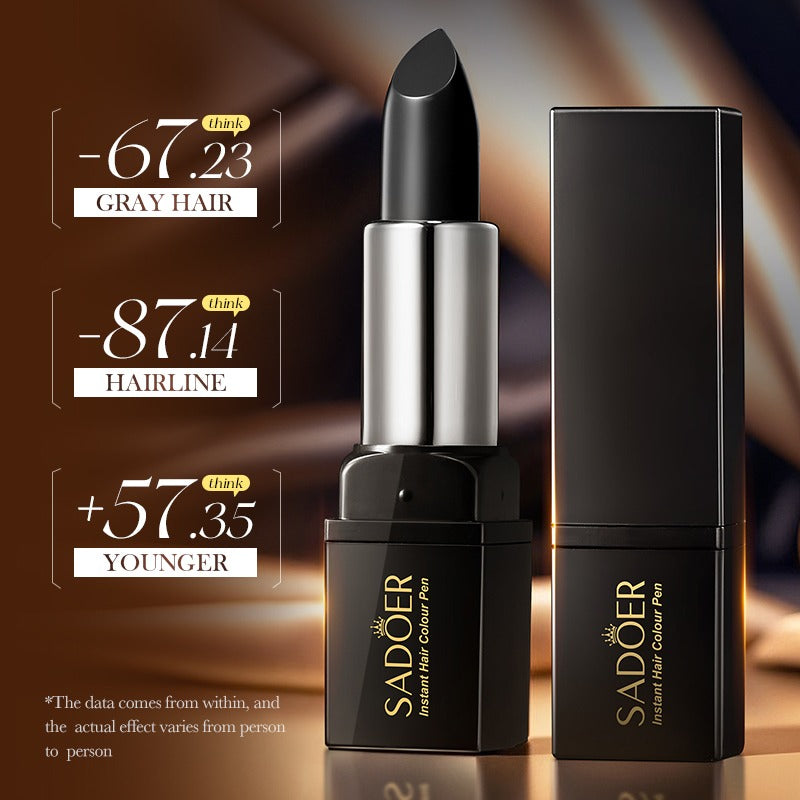 Black hair color pen with packaging on a reflective surface