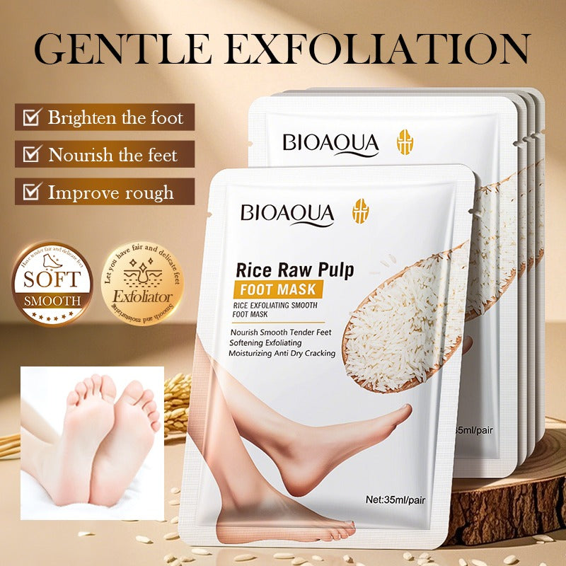 Bioaqua Rice Raw Pulp Foot Mask packaging with benefits listed on a beige background