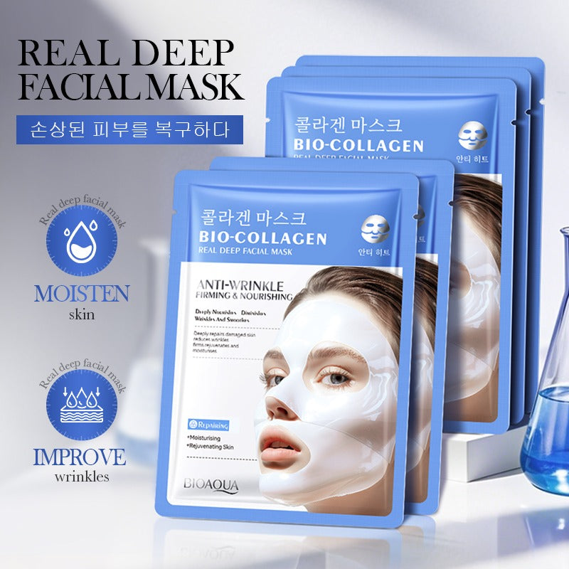BIOAQUA BIO-COLLAGEN facial mask packaging with product details on a white background